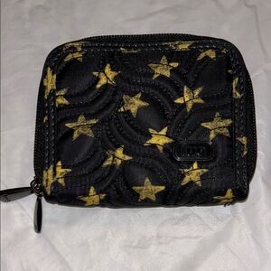 EUC Lug Splits RFID Organizer Quilted Wallet Black With Gold Stars